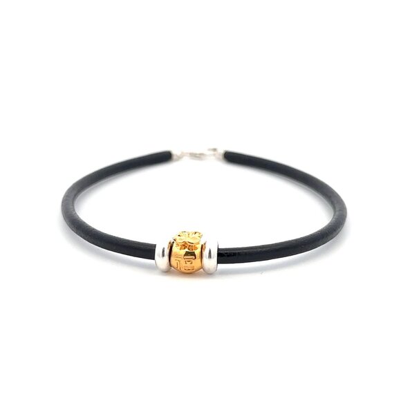 18K Gold Money Bag Leather Cord Bracelet 925 Sterling Silver Clasp Stopper Beads - Picture 1 of 7